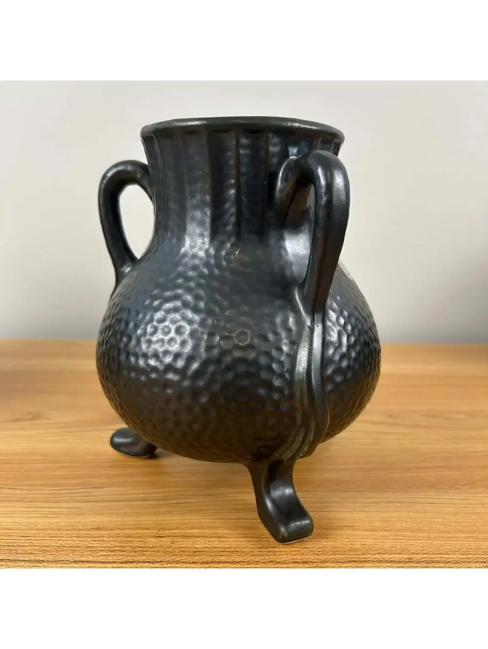 Camark Art Pottery Black Gun Metal Glaze Dimpled Surface 3 Legged Handled Vase